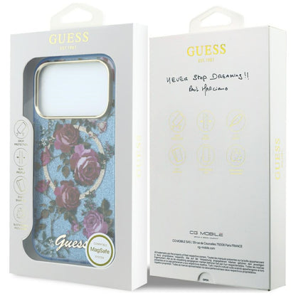 Θήκη MagSafe για Apple iPhone 18 Pro Max / 17 Pro Max, Guess, IML Glitter Blossom Roses, Bleu