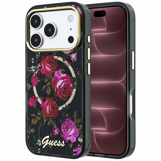 Θήκη MagSafe για Apple iPhone 18 Pro Max / 17 Pro Max, Guess, IML Glitter Blossom Roses, Μαύρη