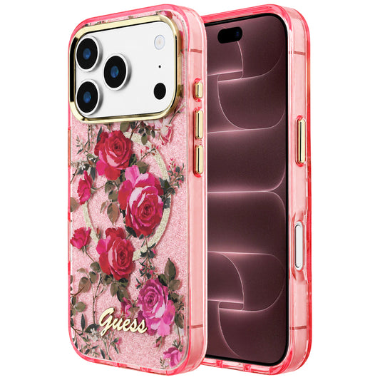 Θήκη MagSafe για Apple iPhone 18 Pro Max / 17 Pro Max, Guess, IML Glitter Blossom Roses, Ροζ