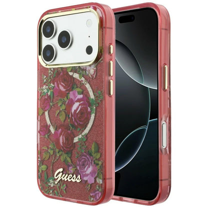 Θήκη MagSafe για Apple iPhone 18 Pro Max / 17 Pro Max, Guess, IML Glitter Blossom Roses, Βυσσινί