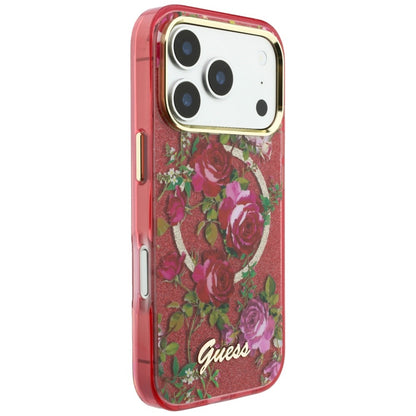 Θήκη MagSafe για Apple iPhone 18 Pro Max / 17 Pro Max, Guess, IML Glitter Blossom Roses, Βυσσινί