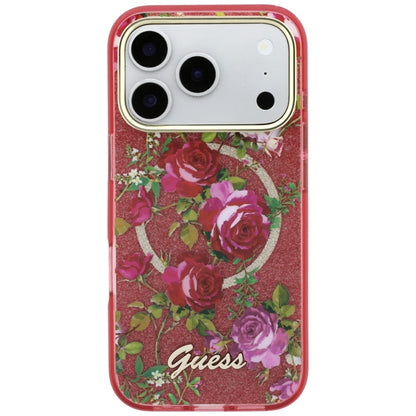 Θήκη MagSafe για Apple iPhone 18 Pro Max / 17 Pro Max, Guess, IML Glitter Blossom Roses, Βυσσινί