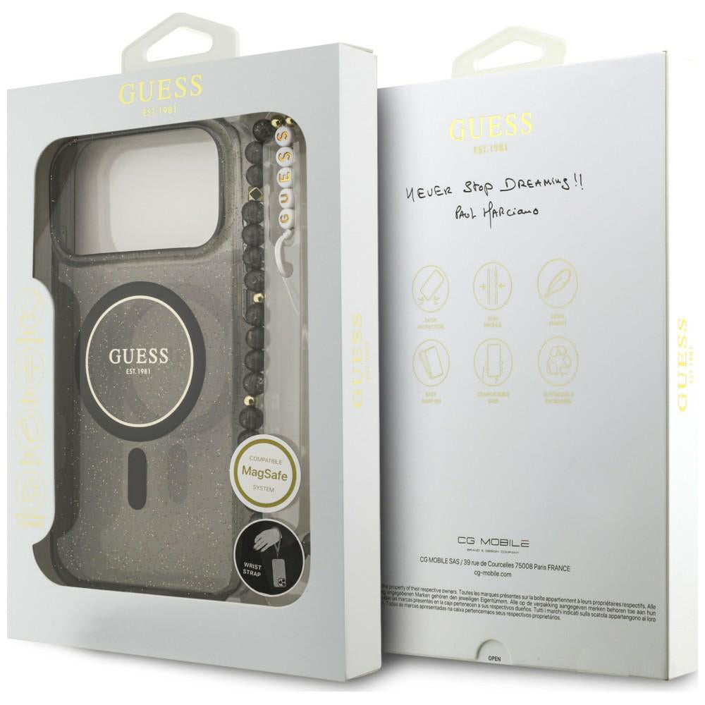 Θήκη MagSafe για Apple iPhone 18 Pro Max / 17 Pro Max, Guess, IML Glitter with Pearl Strap, Μαύρη