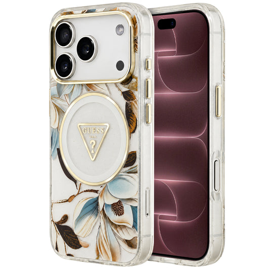 Θήκη MagSafe για Apple iPhone 18 Pro Max / 17 Pro Max, Guess, IML Metal Glitter Flowers Triangle, Λευκή