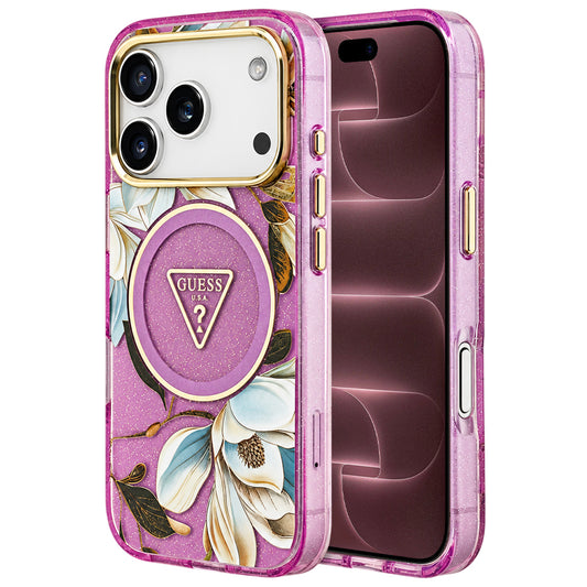 Θήκη MagSafe για Apple iPhone 18 Pro Max / 17 Pro Max, Guess, IML Metal Glitter Flowers Triangle, Μωβ