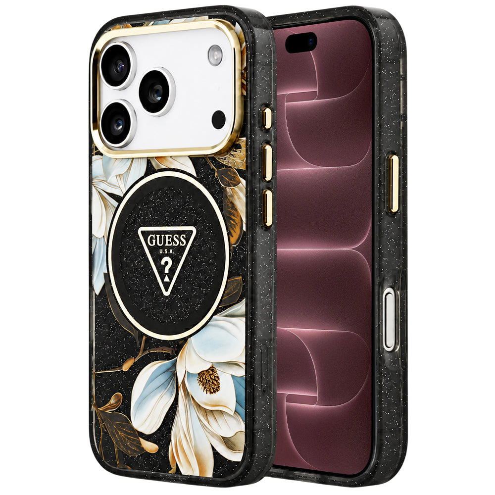 Θήκη MagSafe για Apple iPhone 18 Pro Max / 17 Pro Max, Guess, IML Metal Glitter Flowers Triangle, Μαύρη