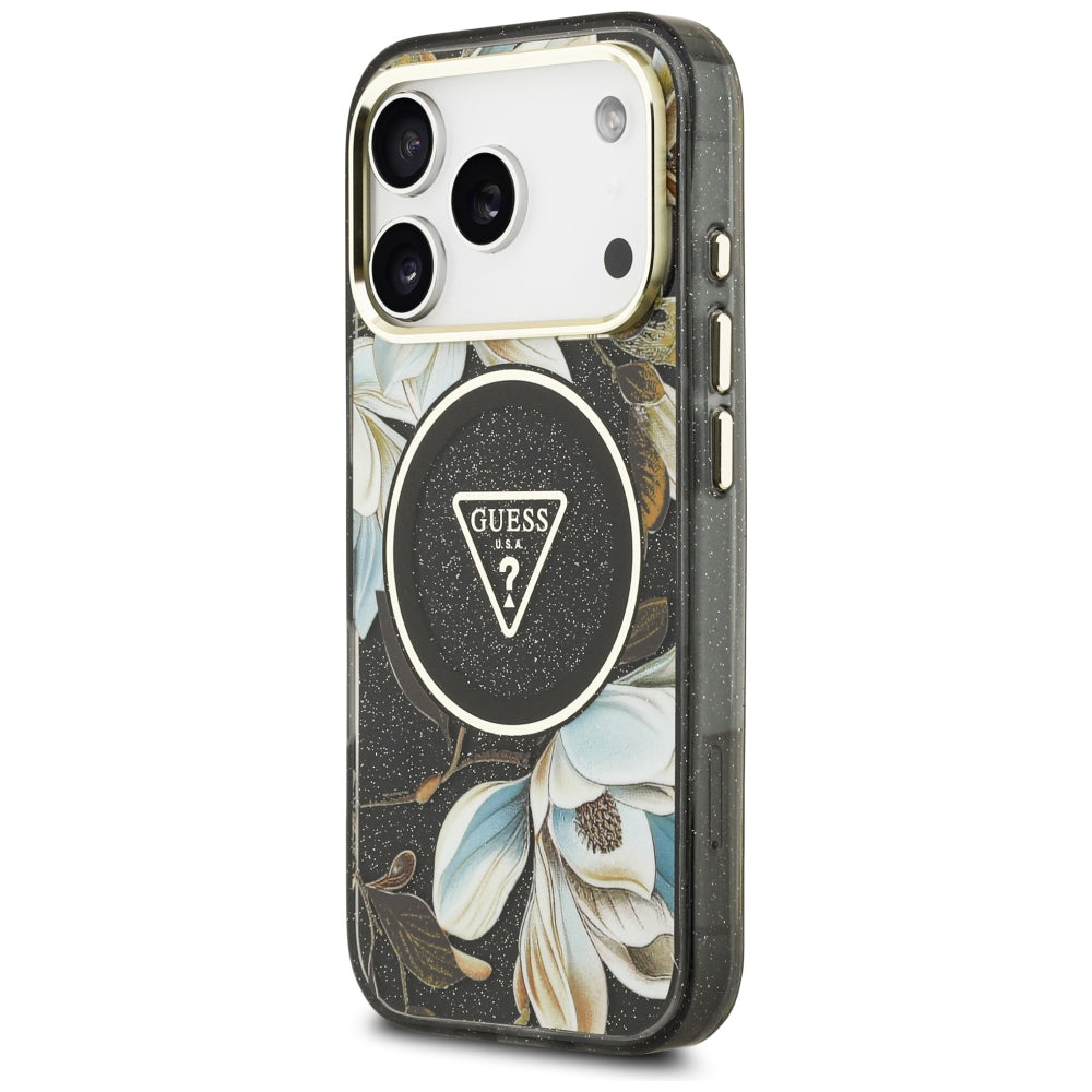 Θήκη MagSafe για Apple iPhone 18 Pro Max / 17 Pro Max, Guess, IML Metal Glitter Flowers Triangle, Μαύρη