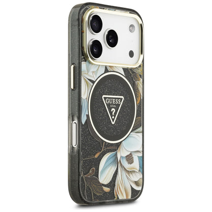Θήκη MagSafe για Apple iPhone 18 Pro Max / 17 Pro Max, Guess, IML Metal Glitter Flowers Triangle, Μαύρη