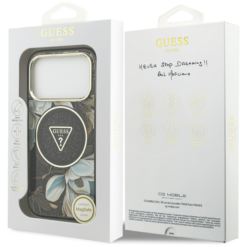 Θήκη MagSafe για Apple iPhone 18 Pro Max / 17 Pro Max, Guess, IML Metal Glitter Flowers Triangle, Μαύρη