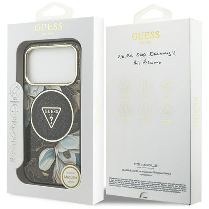 Θήκη MagSafe για Apple iPhone 18 Pro Max / 17 Pro Max, Guess, IML Metal Glitter Flowers Triangle, Μαύρη