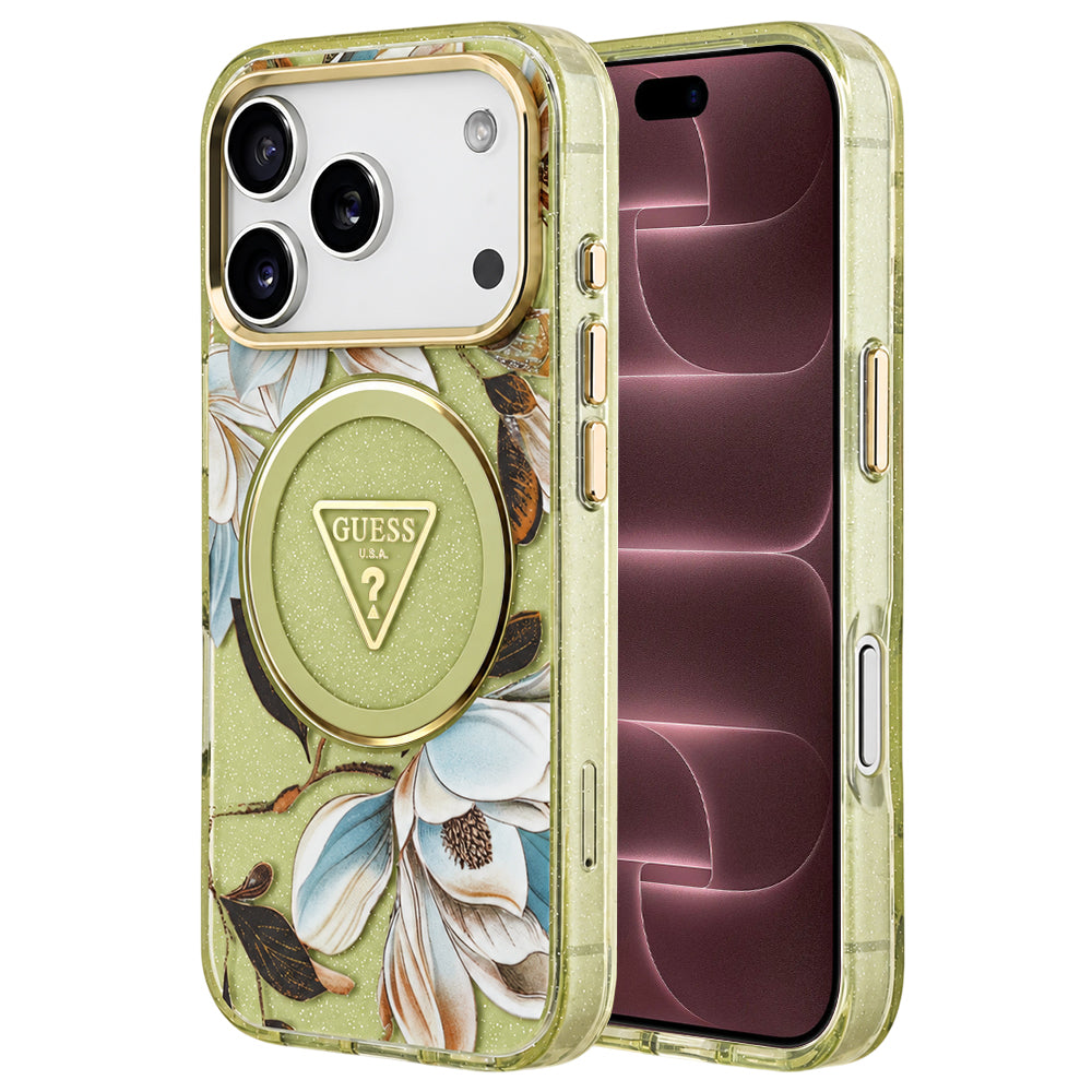 Θήκη MagSafe για Apple iPhone 18 Pro Max / 17 Pro Max, Guess, IML Metal Glitter Flowers Triangle, Πράσινη
