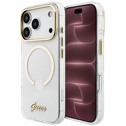 Θήκη MagSafe για Apple iPhone 18 Pro Max / 17 Pro Max, Guess, IML Script Metal, διάφανη
