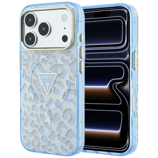 Θήκη MagSafe για Apple iPhone 18 Pro Max / 17 Pro Max, Guess, Λογότυπο Τρίγωνο με Λεοπάρ Γκλίτερ, Μπλε