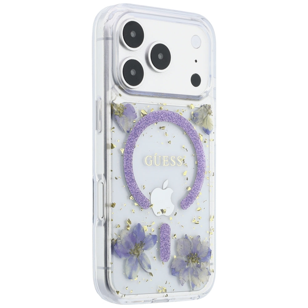 Θήκη MagSafe για Apple iPhone 18 Pro Max / 17 Pro Max, Guess, Resin Flowers and Glitter, Μωβ