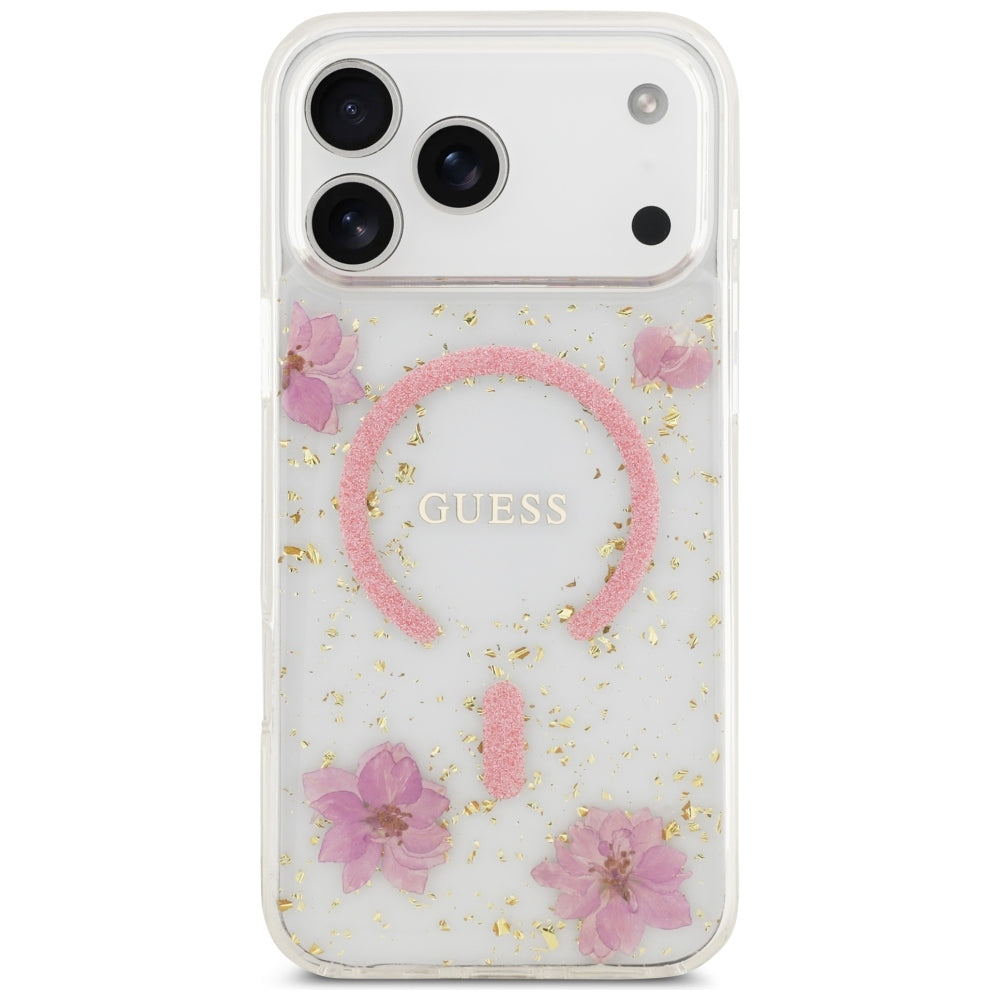 MagSafe Case for Apple iPhone 18 Pro Max / 17 Pro Max, Guess, Resin Flowers and Glitter, Pink