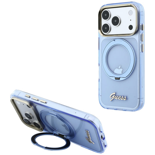 Θήκη MagSafe για Apple iPhone 18 Pro Max / 17 Pro Max, Guess, Ring Stand Script Metal Logo, Μπλε