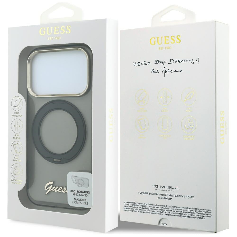 Θήκη MagSafe για Apple iPhone 18 Pro Max / 17 Pro Max, Guess, Ring Stand Script Metal Logo, Μαύρο