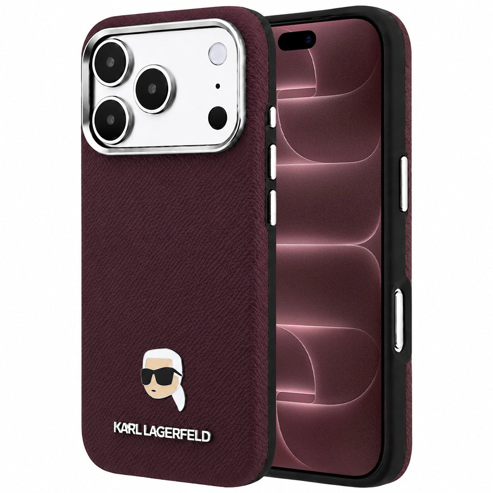MagSafe Case for Apple iPhone 18 Pro Max / 17 Pro Max, Karl Lagerfeld, Grained Karl Head's Metal, Burgundy
