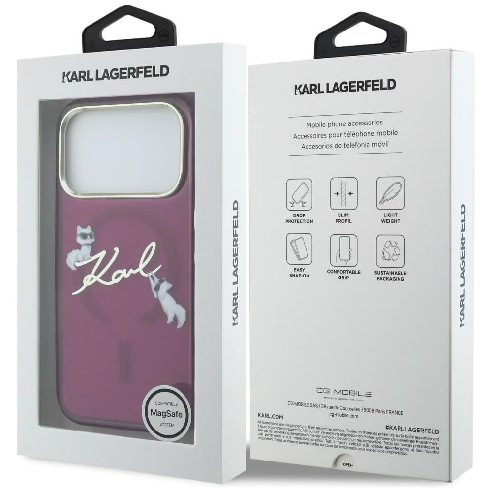 MagSafe Case for Apple iPhone 18 Pro Max / 17 Pro Max, Karl Lagerfeld, IML Choupette Karl Script Logo, Burgundy