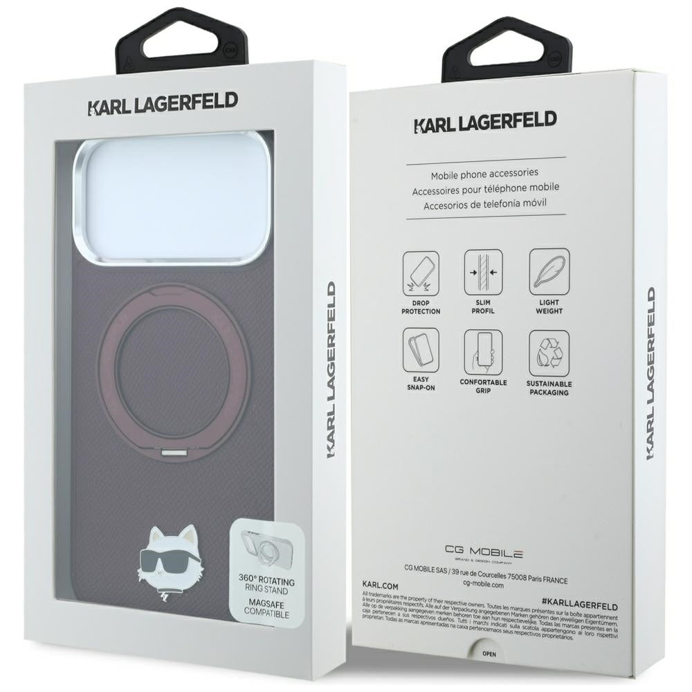 MagSafe Case for Apple iPhone 18 Pro Max / 17 Pro Max, Karl Lagerfeld, Saffiano Ring Stand 360 Choupette Pin, Burgundy