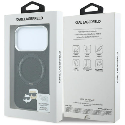 MagSafe Case for Apple iPhone 18 Pro Max / 17 Pro Max, Karl Lagerfeld, Ring Stand 360 Karl & Choupette Pin, Black
