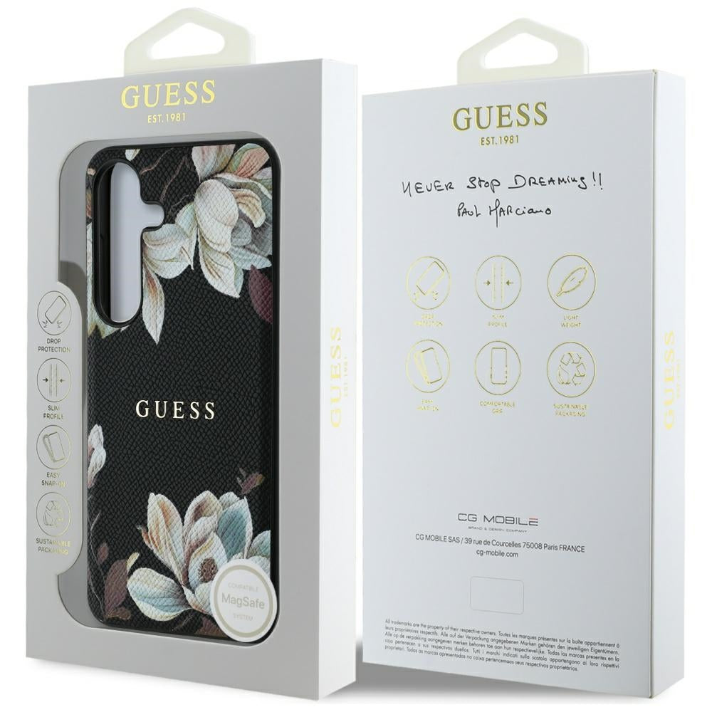 MagSafe Case for Samsung Galaxy S25 S931, Guess, Grained Flowers, Black