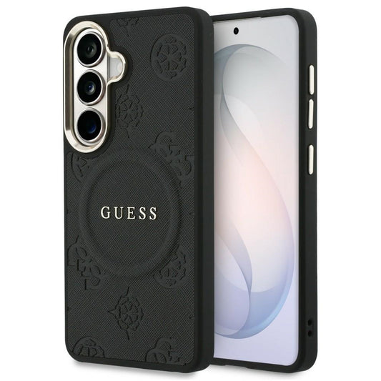 Θήκη MagSafe για Samsung Galaxy S26 S942, Guess, Saffiano Peony Embossed Ring, Μαύρη