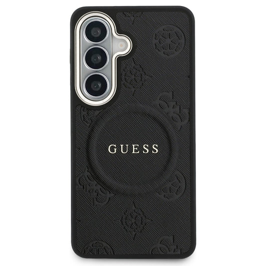 Θήκη MagSafe για Samsung Galaxy S26 S942, Guess, Saffiano Peony Embossed Ring, Μαύρη