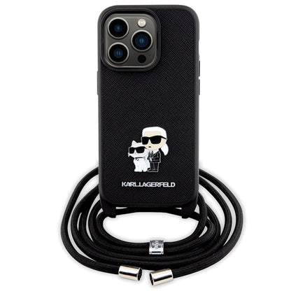 Θήκη για Apple iPhone 14 Pro, Karl Lagerfeld, Saffiano Crossbody Metal Pin Karl & Choupette, Μαύρη