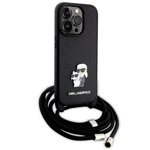 Θήκη για Apple iPhone 14 Pro, Karl Lagerfeld, Saffiano Crossbody Metal Pin Karl & Choupette, Μαύρη