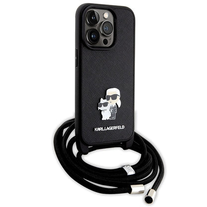 Θήκη για Apple iPhone 14 Pro, Karl Lagerfeld, Saffiano Crossbody Metal Pin Karl & Choupette, Μαύρη