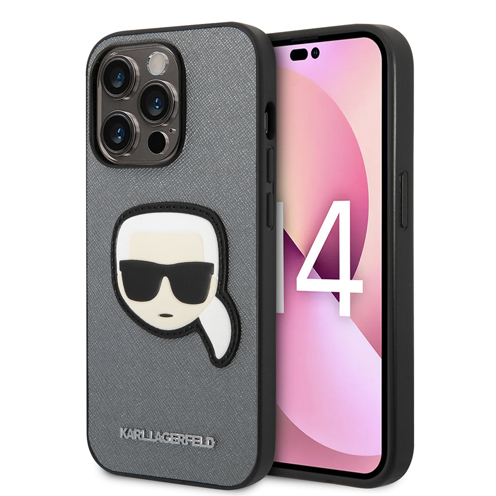 Θήκη για Apple iPhone 14 Pro, Karl Lagerfeld, Saffiano Karl's Head, Ασημί