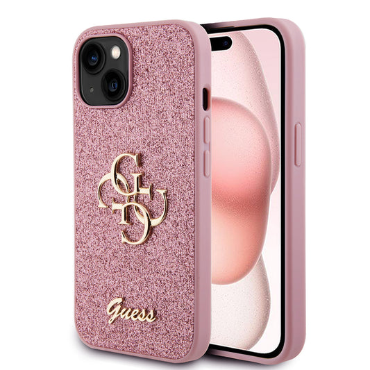 Θήκη για Apple iPhone 15, Guess, Glitter Big 4G Script, Ροζ