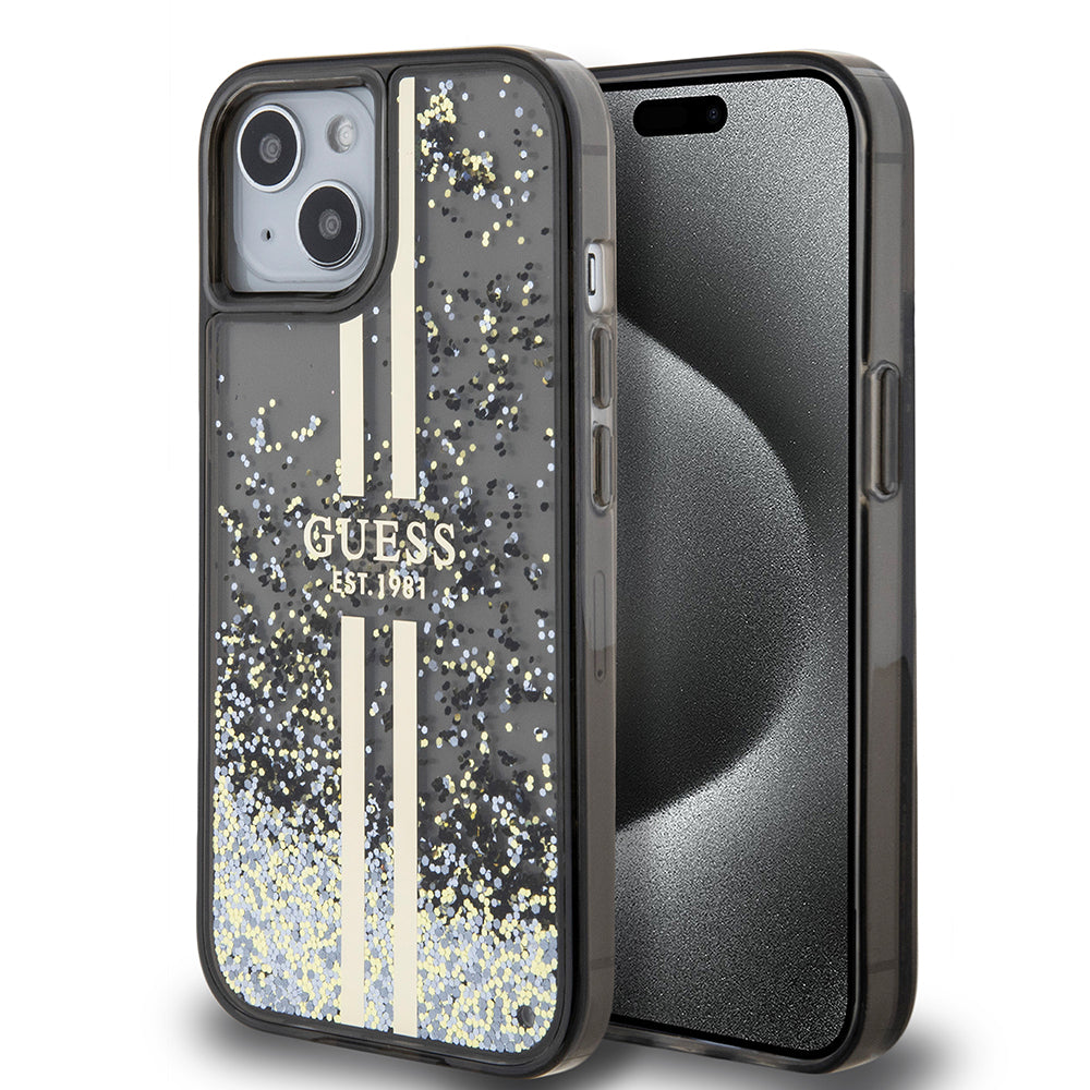 Θήκη για Apple iPhone 15, Guess, Liquid Glitter Gold Stripes, Μαύρη