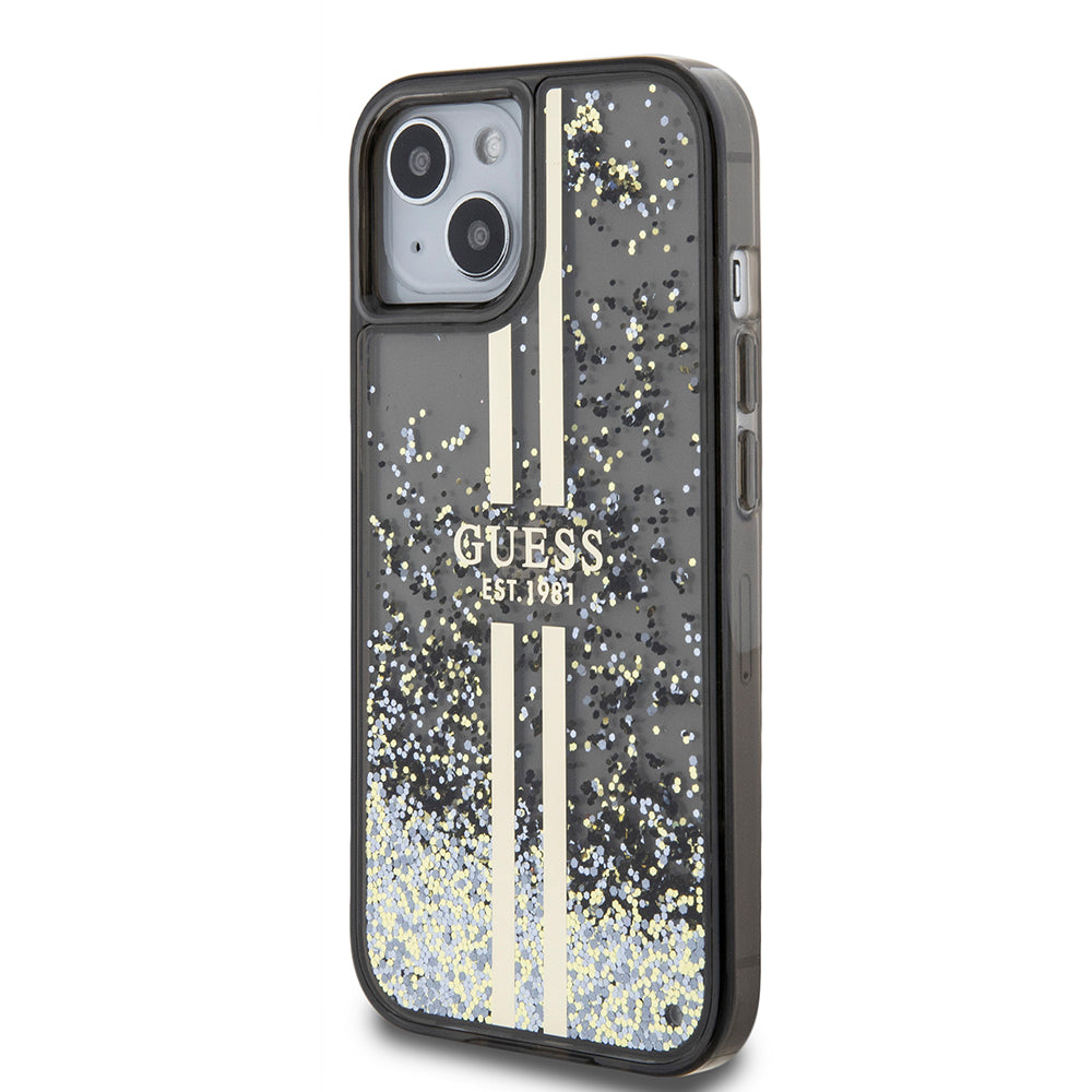Θήκη για Apple iPhone 15, Guess, Liquid Glitter Gold Stripes, Μαύρη