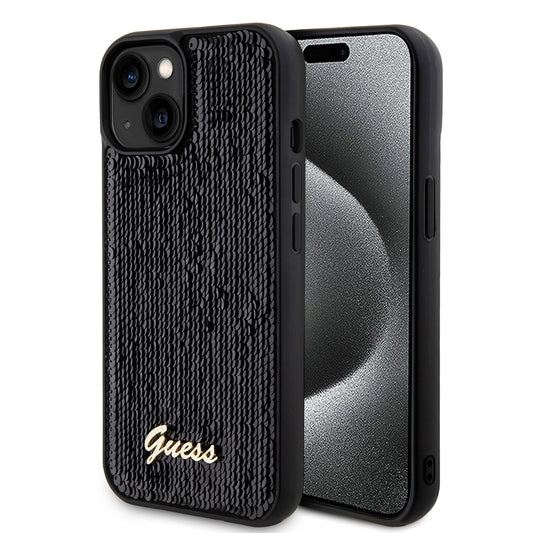 Case for Apple iPhone 15, Guess, Sequin Script Metal, Black