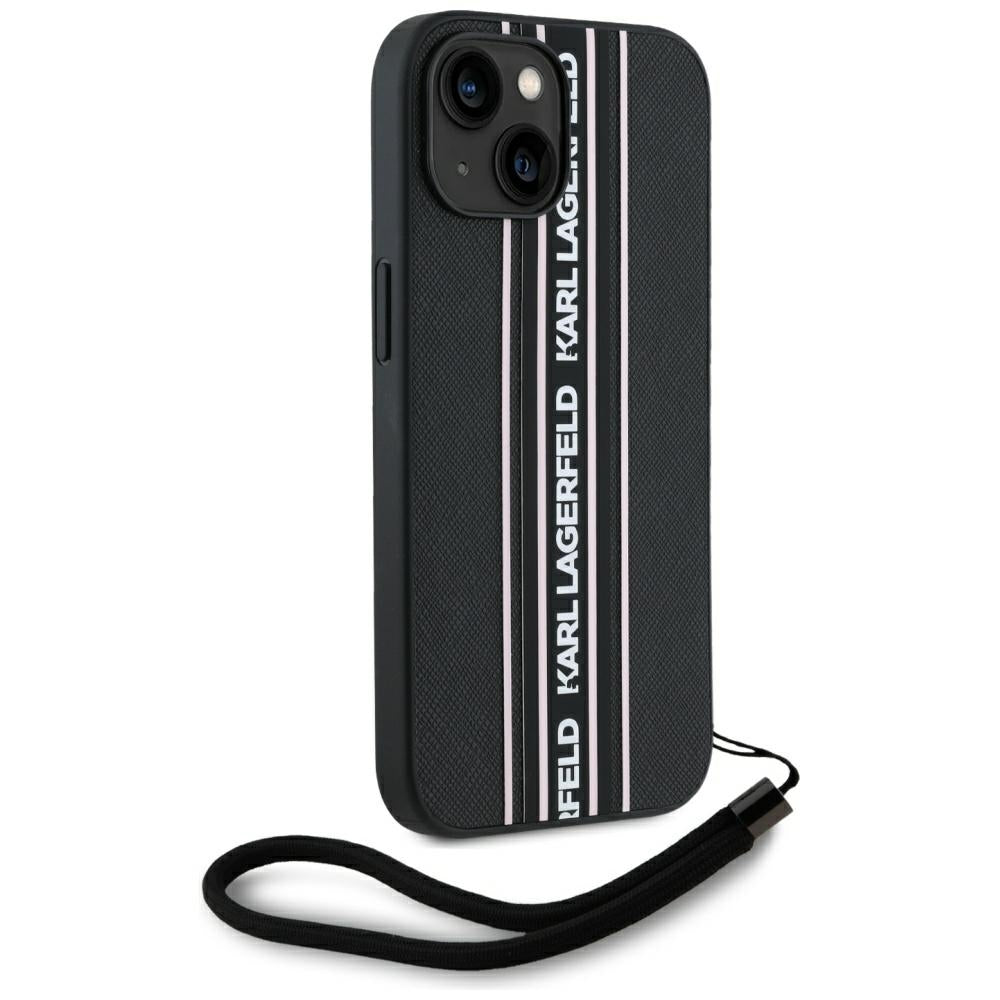 Θήκη για Apple iPhone 15, Karl Lagerfeld, Saffiano Athleisure Stripes with Strap, Ροζ