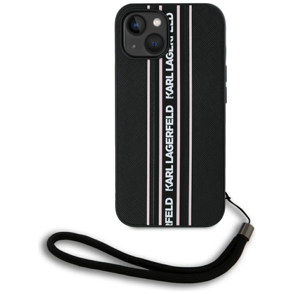 Θήκη για Apple iPhone 15, Karl Lagerfeld, Saffiano Athleisure Stripes with Strap, Ροζ
