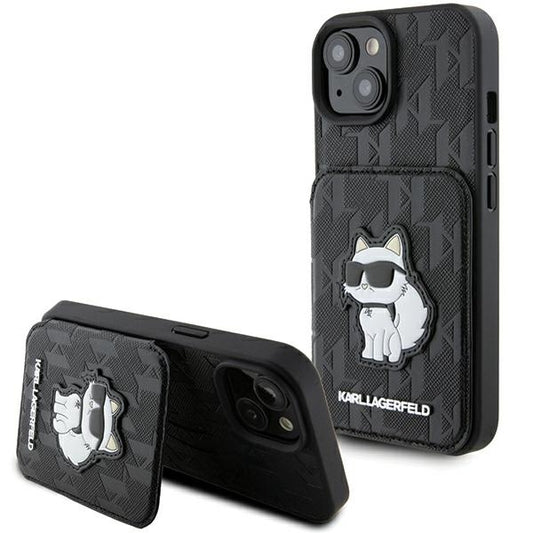 Θήκη για Apple iPhone 15, Karl Lagerfeld, Saffiano Cardslots and Stand Monogram Choupette, Μαύρη