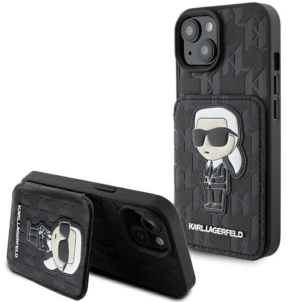 Θήκη για Apple iPhone 15, Karl Lagerfeld, Saffiano Cardslots and Stand Monogram Ikonik Karl, Μαύρη