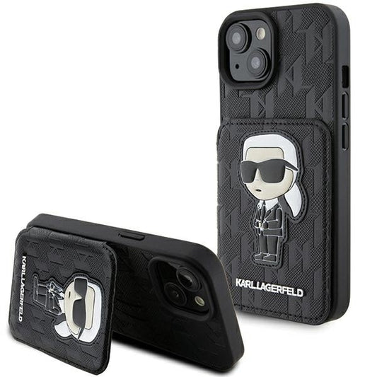 Θήκη για Apple iPhone 15, Karl Lagerfeld, Saffiano Cardslots and Stand Monogram Ikonik Karl, Μαύρη