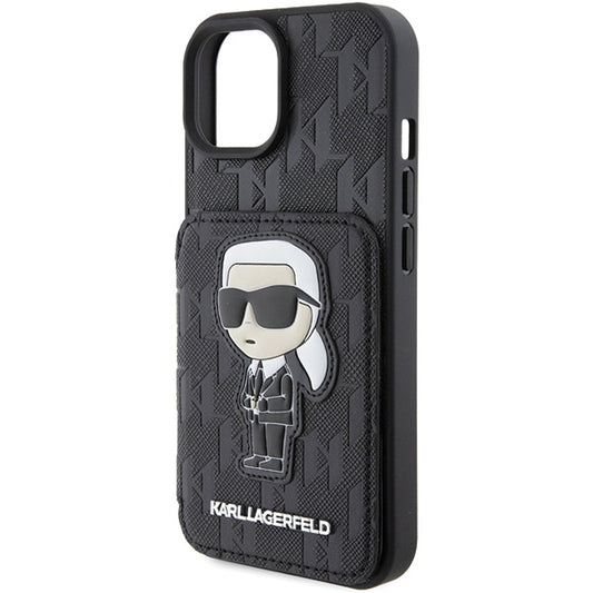 Θήκη για Apple iPhone 15, Karl Lagerfeld, Saffiano Cardslots and Stand Monogram Ikonik Karl, Μαύρη
