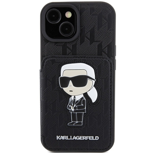 Θήκη για Apple iPhone 15, Karl Lagerfeld, Saffiano Cardslots and Stand Monogram Ikonik Karl, Μαύρη