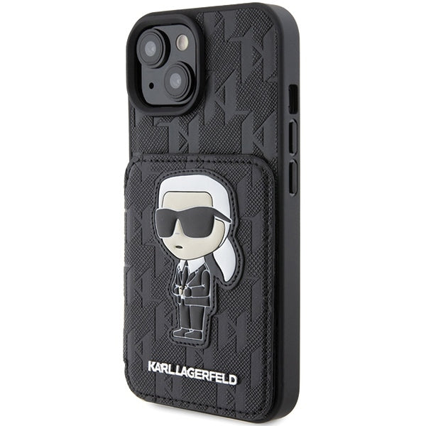 Θήκη για Apple iPhone 15, Karl Lagerfeld, Saffiano Cardslots and Stand Monogram Ikonik Karl, Μαύρη