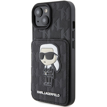 Θήκη για Apple iPhone 15, Karl Lagerfeld, Saffiano Cardslots and Stand Monogram Ikonik Karl, Μαύρη
