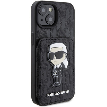 Θήκη για Apple iPhone 15, Karl Lagerfeld, Saffiano Cardslots and Stand Monogram Ikonik Karl, Μαύρη