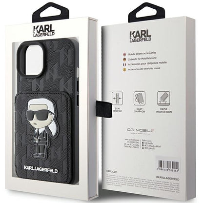 Θήκη για Apple iPhone 15, Karl Lagerfeld, Saffiano Cardslots and Stand Monogram Ikonik Karl, Μαύρη