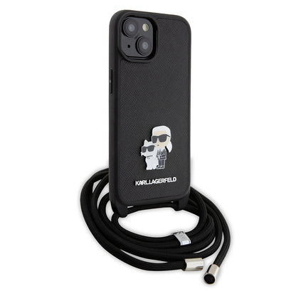 Θήκη για Apple iPhone 15, Karl Lagerfeld, Saffiano Crossbody Metal Pin Karl & Choupette, Μαύρη