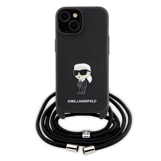 Θήκη για Apple iPhone 15, Karl Lagerfeld, Saffiano Crossbody Monogram Metal Pin Karl, Μαύρη