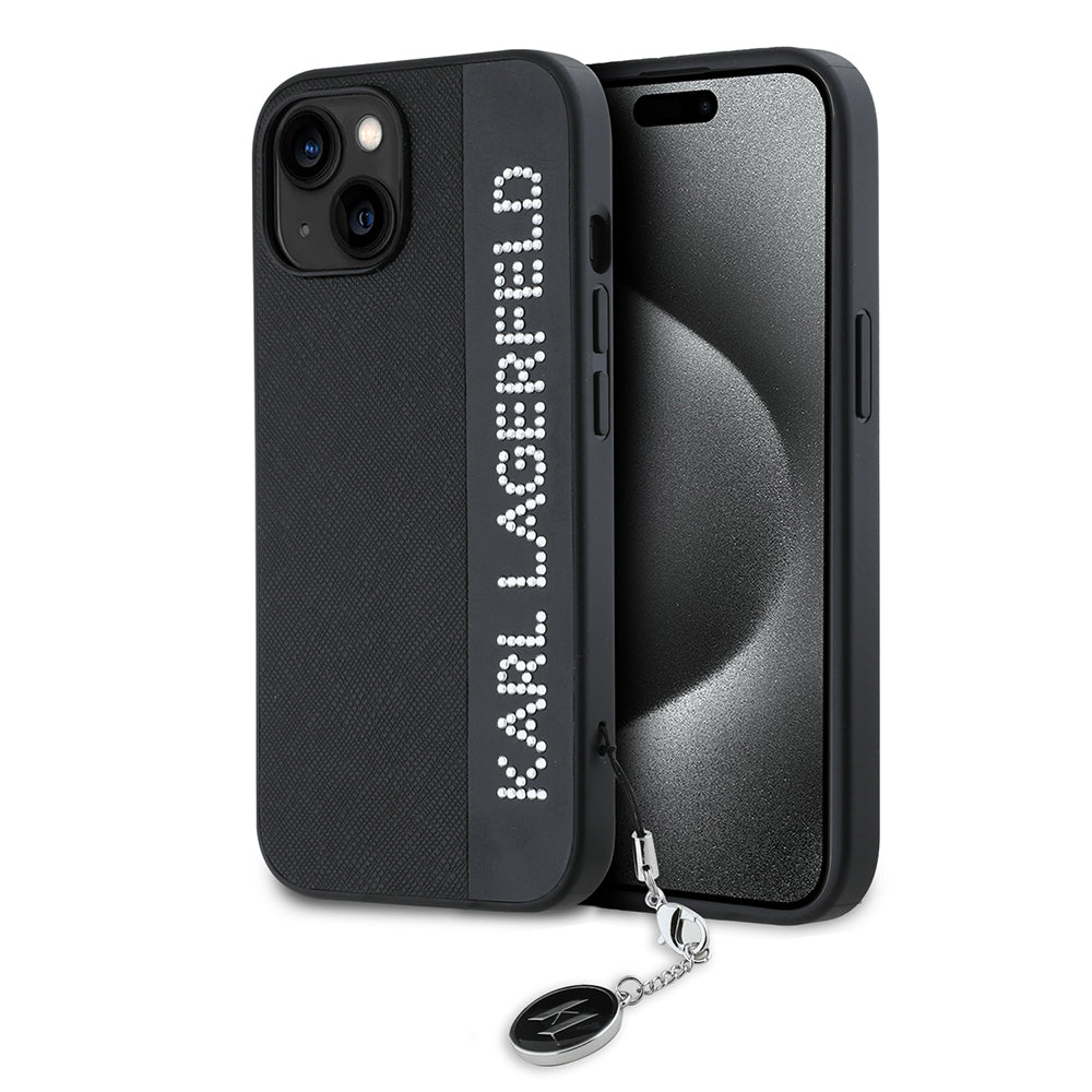 Θήκη για Apple iPhone 15, Karl Lagerfeld, Saffiano Rhinestones & Charm, Μαύρη